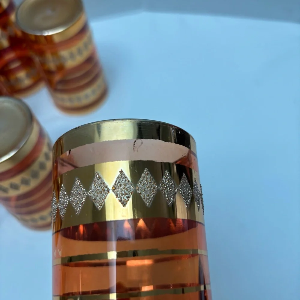Vintage Amber Gold Geometric Trim Glass Tumblers - Set of 10 Mid-century